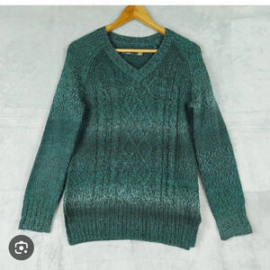Prana Teal Green Cable-Knit V-Neck Sweater